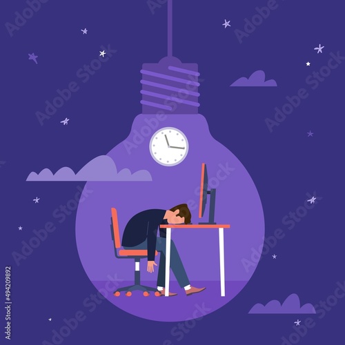 Decline. Creative crisis, sad man sitting at computer at night light bulb on background, successful idea development, failure in work, project deadline, searching strategy vector concept