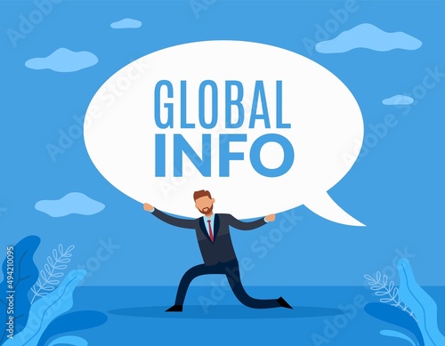 Heavy information. Burden of secret, man hold speech bubble with text global info, pressure on people, news and social media messages, confidential conversation vector cartoon flat concept