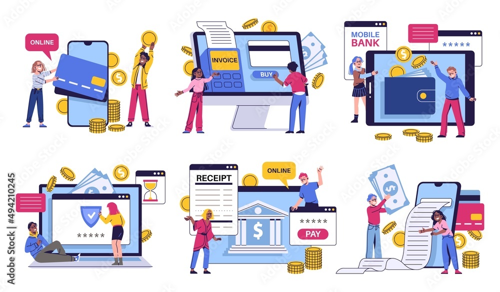 Online payment people. Funny characters pay bills. Internet wallet and banknotes. Virtual shopping. Electronic money app. Banking cabinet. Mobile bank. Vector financial transactions set Online payment people. Funny characters pay bills. Internet wallet and banknotes. Virtual shopping. Electronic money app. Banking cabinet. Mobile bank. Vector financial transactions set
