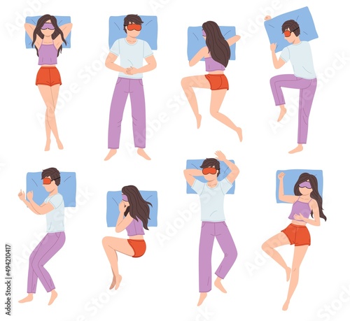 People sleep poses. Men and women in different sleeping positions, girls and boys in pajamas lying, top view, recumbent night rest, good dreams, comfortable bedtime, vector cartoon flat set