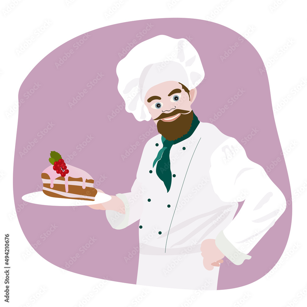 Chef confectioner hold dessert on plate. Flat vector illustration for advertising, cafe windows, stickers, invitation to cooking courses Chef confectioner hold dessert on plate. Flat vector illustration for advertising, cafe windows, stickers, invitation to cooking courses
