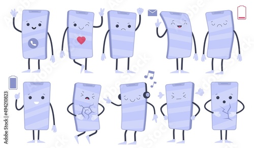 Smartphone mascots. Mobile phone cartoon characters. Different poses and emotions. Funny faces expressions. Happy and upset devices. Cellphones with legs and hands. Vector telephones set