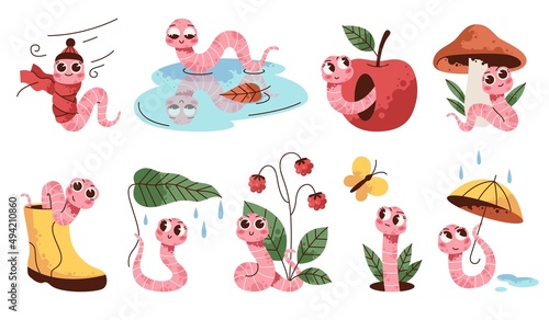 Soil worm characters. Earthworms mascots. Different items and activities. Funny garden insects with apple and mushroom. Natural creatures. Fishing bait. Rainworm wildlife. Vector bugs set