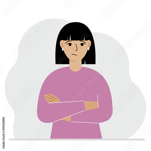 The woman is sad and upset. The arms are crossed over the chest. Vector