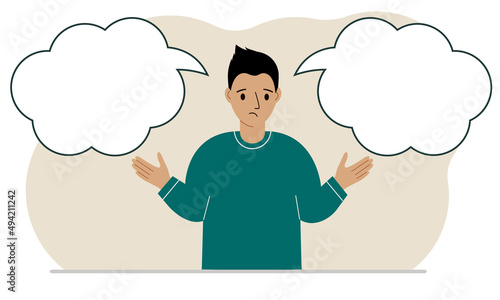 A sad man tries to make the right decision. Left and right empty bubbles. Comparison of the two solutions.