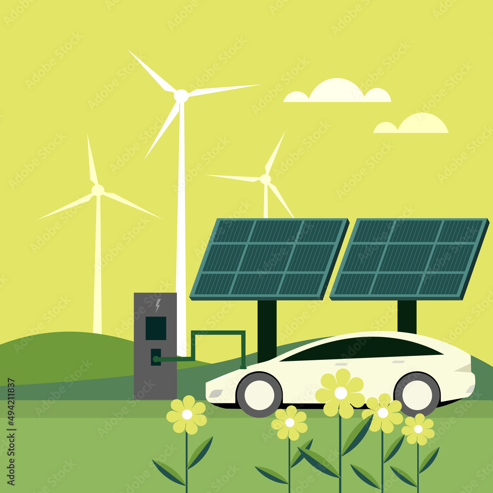 Obraz premium Illustration of an electric car getting charged using renewable energy