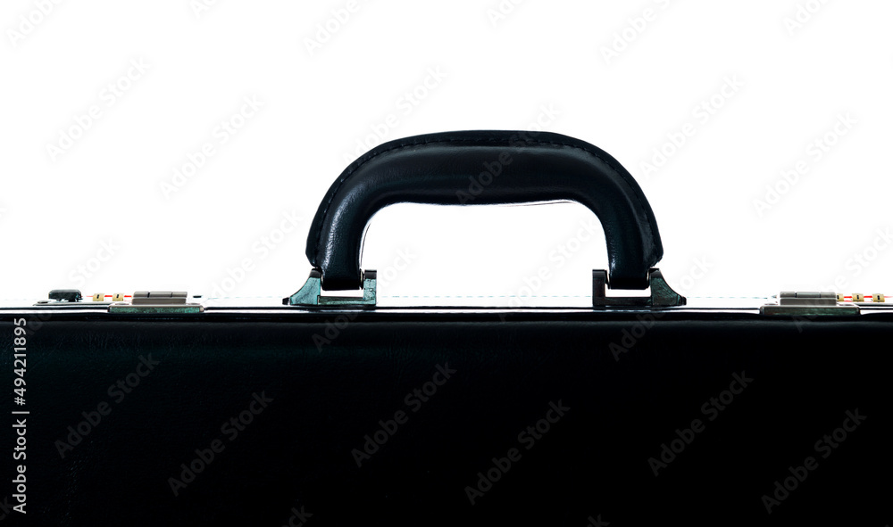 Detail of black business leather briefcase isolated on white background Detail of black business leather briefcase isolated on white background