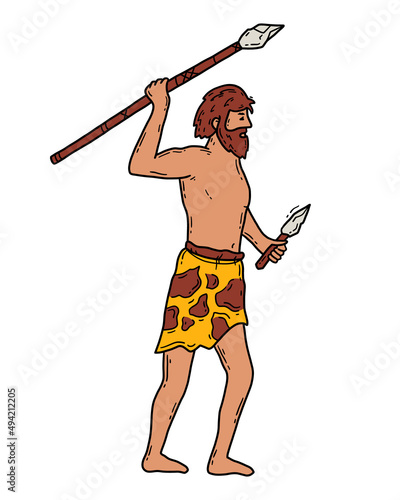 Neanderthal, male caveman with a spear, vector illustration in doodle sketch style. A primitive hunter from the Stone Age with animal fur.
