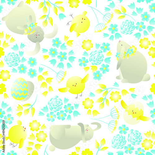 Vector image, beautiful seamless pattern with easter bunnies and chicks on a white background.