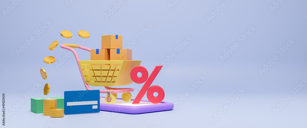 Online shopping and payment methods concept with happy customers buying and making payments with smartphones, the mobile application for e-commerce digital marketing promotions, 3d render illustration