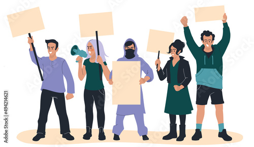 Protest. People with posters express their opinion. Men and women at the rally. Vector image.