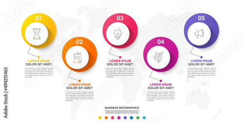 Vector circle infographics. Modern business timeline template with 5 steps and icons. Graphic timeline for app, website, interface, chart, levels, web, diagram, banner, presentations.