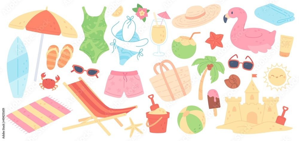 Summer beach elements, cocktails, bikini, towel, cute summertime stickers. Fruits and drinks, surf board, swimming ring, tropical vacation, pool party doodles vector set