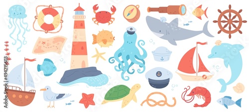 Cute sea adventures elements, marine animals sailors, octopus, shark. Nautical doodles, lighthouse, sailing boat, aquatic life stickers vector set