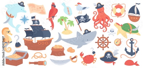 Pirate collection, captain hat, battle ship, marine animal characters in pirates costumes. Octopus and shark in captain hat, flag with skull, treasure map, sea adventures elements vector set © Your Local Llamacorn