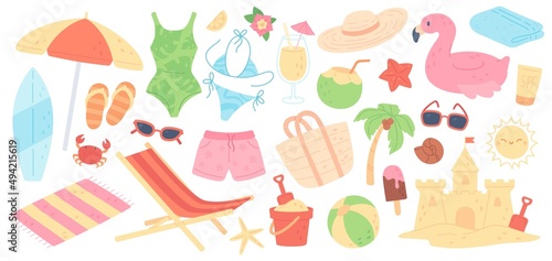 Summer beach elements, cocktails, bikini, towel, cute summertime stickers. Fruits and drinks, surf board, swimming ring, tropical vacation, pool party doodles vector set