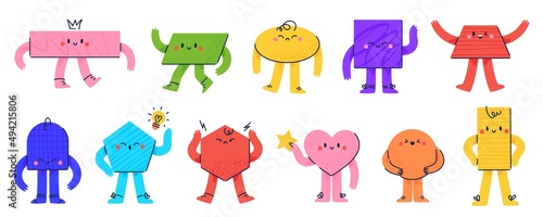 Funny geometric shapes characters with different emotions, kids education elements. Square and circle character for preschool learning, colorful basic figures with cute faces vector set