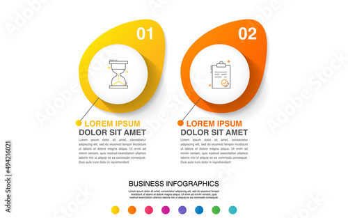 Vector line infographics with 2 circles, labels. Modern business concept graphic process template with two steps and icons. Graphic timeline for a project on white background