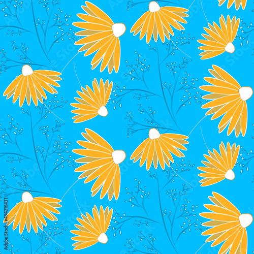 Vector seamless half-drop pattern, with leaves and flowers