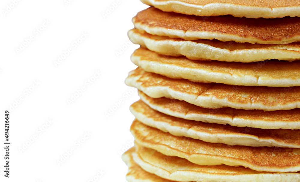 Closeup stack of plain pancakes isolated on white backdrop Closeup stack of plain pancakes isolated on white backdrop