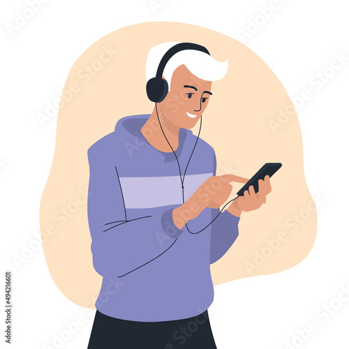 People with phone. A man calls on the phone, the guy listens to music on the phone through headphones. Vector image.