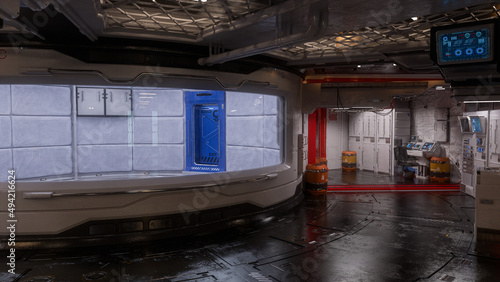 Futuristic science fiction technology lab with containment cell. 3D illustration. photo