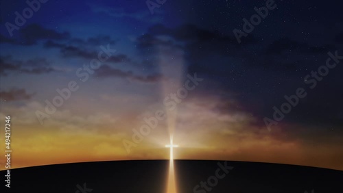 Bright cross on the hill with clouds moving on the starry sky. Easter, resurrection, new life, redemption concept. Seamless looping background 4k