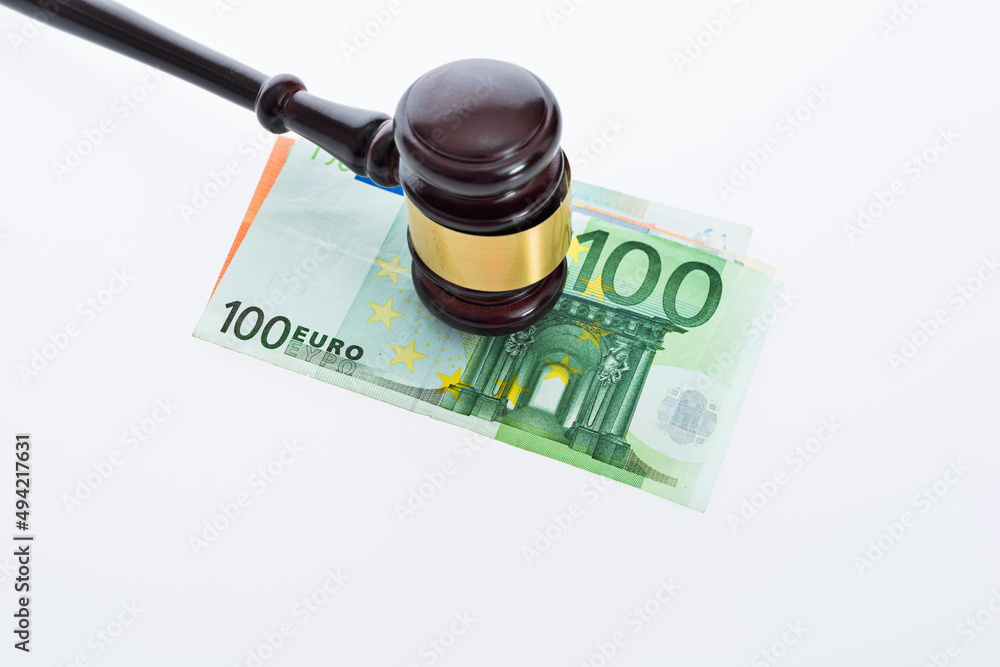 Law gavel on euro money against white background