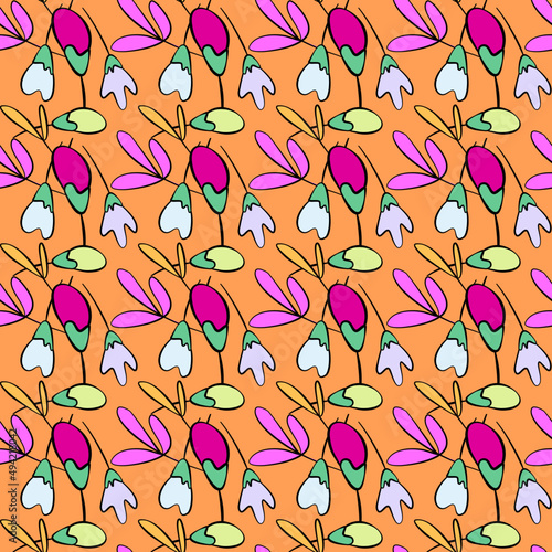 Vector seamless half-drop pattern, with leaves and flowers