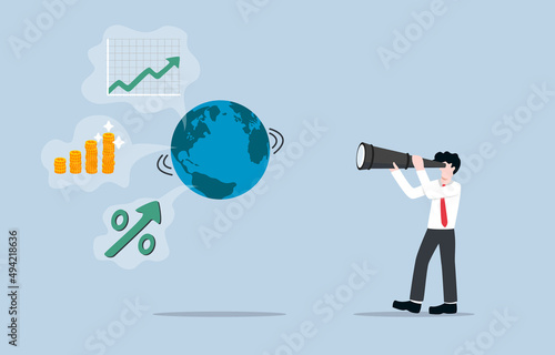 Growth business possibility, international business expansion or seeking opportunity for oversea investment concept. Visionary businessman searching into earth for future business through telescope.