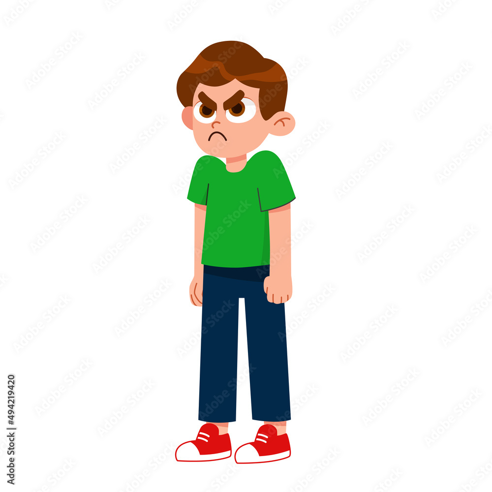 Vector illustration of a very angry boy standing in a pose, arms crossed, with a disgruntled look on his face. aggressive children Vector illustration of a very angry boy standing in a pose, arms crossed, with a disgruntled look on his face. aggressive children