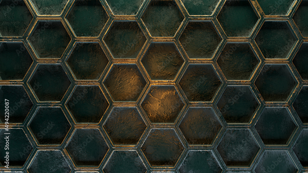 Hexagonal background with real metallic texture. 3d render.