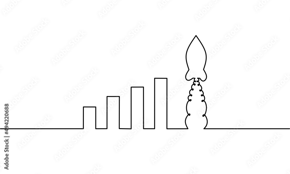 Continuous line drawing of growth graph with rocket, business growth, object one line, single line art, vector illustration Continuous line drawing of growth graph with rocket, business growth, object one line, single line art, vector illustration