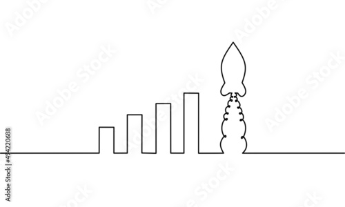 Continuous line drawing of growth graph with rocket, business growth, object one line, single line art, vector illustration
