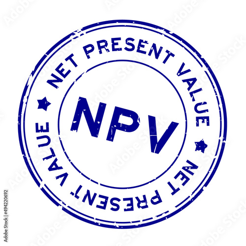 Grunge blue NPV net present value word round rubber seal stamp on white background