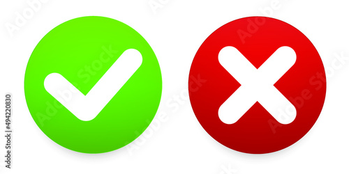 Vector illustration. Two round buttons with a green check mark and a red cross