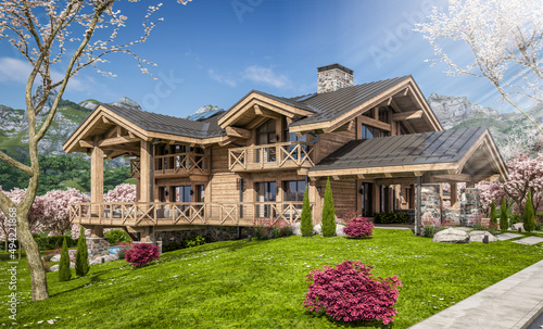 3d rendering of modern cozy chalet with pool and parking for sale or rent. Beautiful forest mountains on background. Fresh spring day with a blooming trees with flowers of sakura on background.