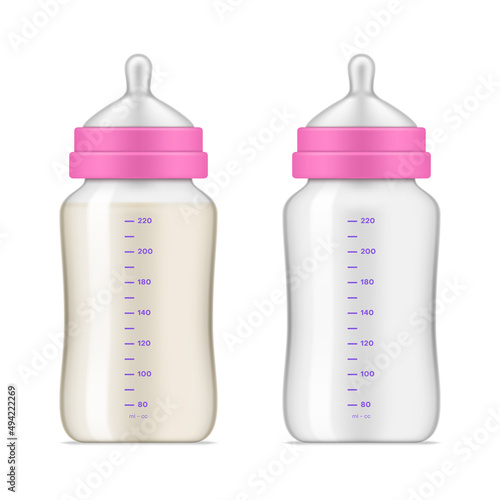 Baby formula in bottle and empty set realistic vector plastic container with latex nipples