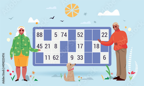 Loto tombola bingo, carton de numéros gagnants, activité pour sénior personne âgée, maison de retraite, illustration coloré, chien et fleurs, jeu de hasard avec cadeaux, tirage au sort, vecteur