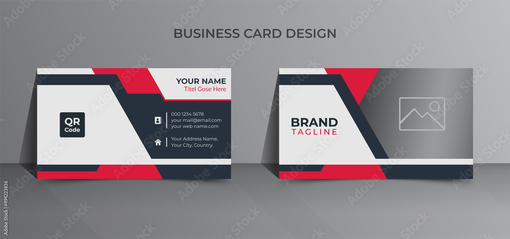 Modern and corporate business card print template design in red color