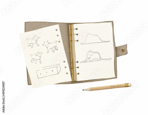A notebook with drawings. Little prince. Boa constrictor, elephant. Lambs and a box. Simple pencil. White background. Stock illustration.