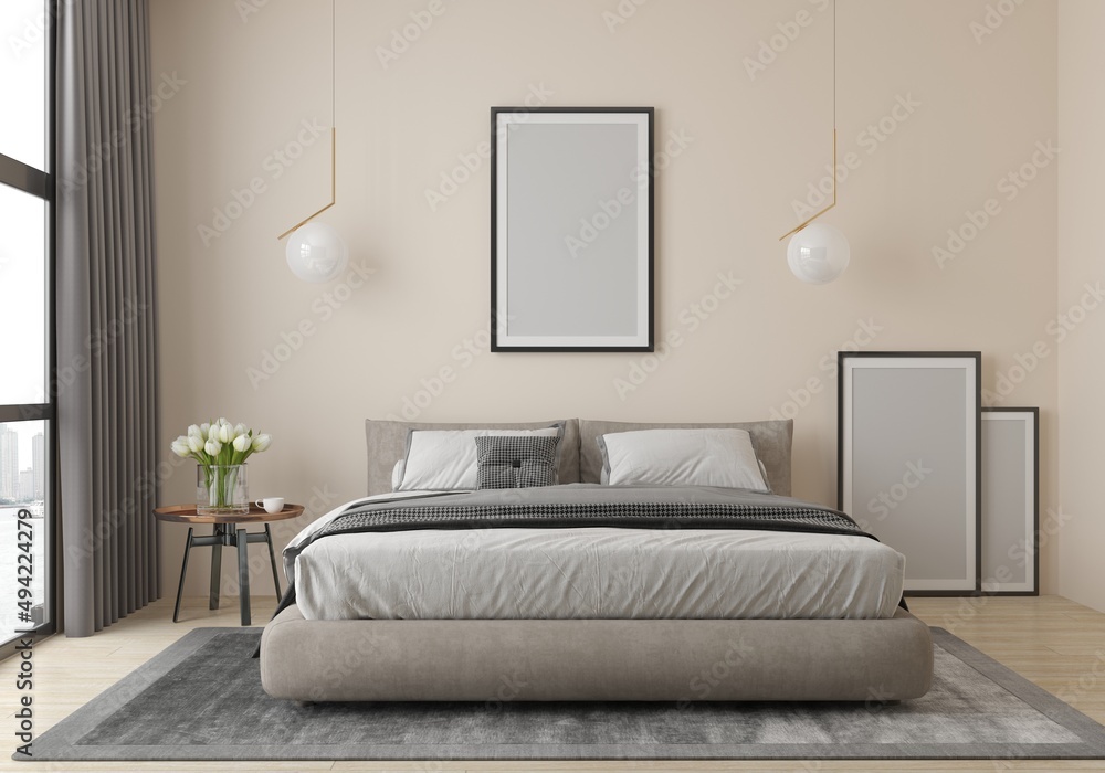 Bedroom with window in pastel colors, minimalism, with double bed, bedside table, paintings. 3d render of bedroom Bedroom with window in pastel colors, minimalism, with double bed, bedside table, paintings. 3d render of bedroom