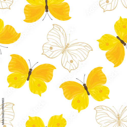 Yellow butterflies on white background. Seamless pattern. Vector illustration in cartoon flat style.