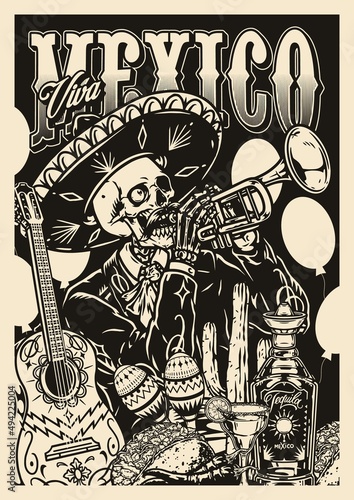 Mexican skeleton musician monochrome poster