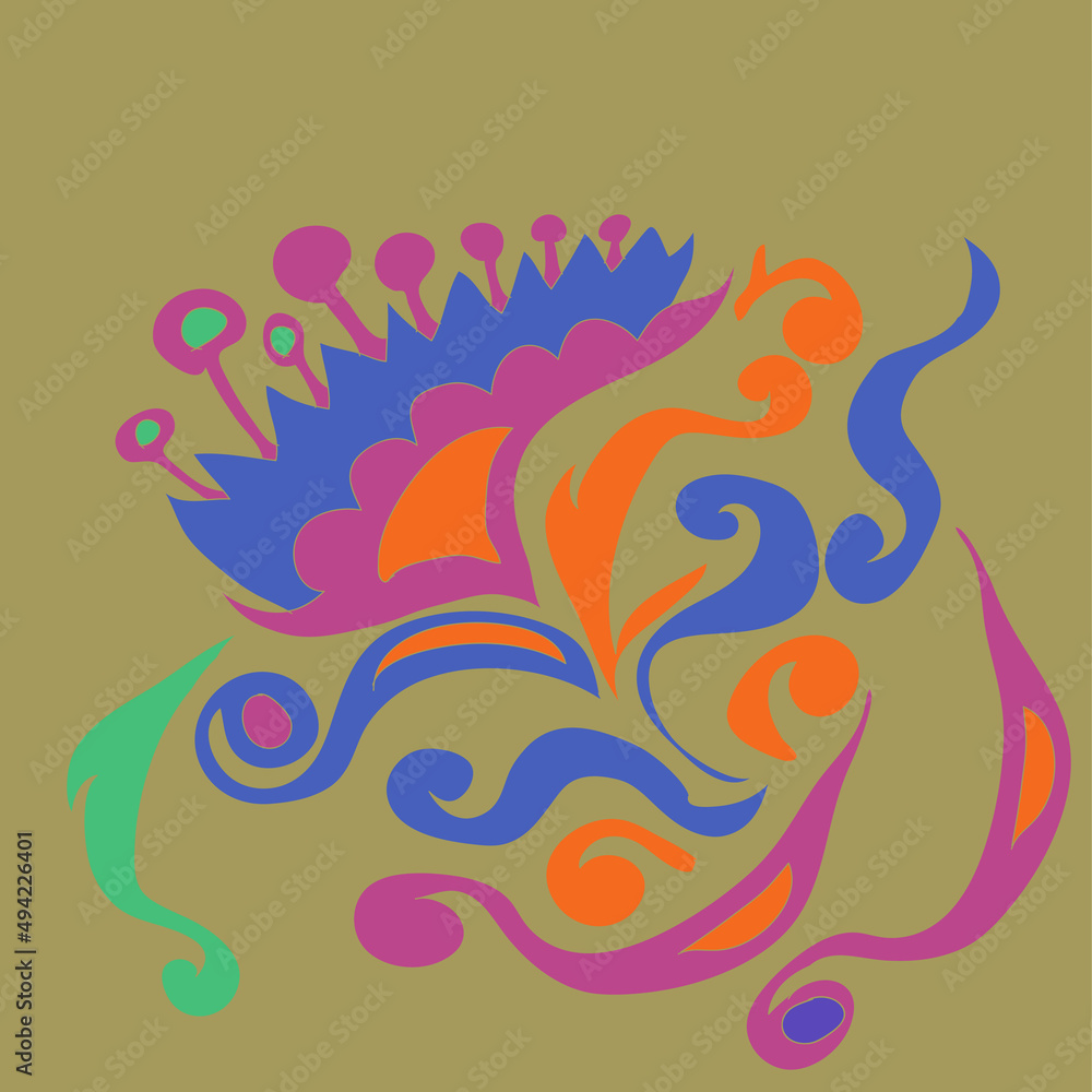 Stylized colored leaves, flower, spirals. Hand drawn. Stylized colored leaves, flower, spirals. Hand drawn.