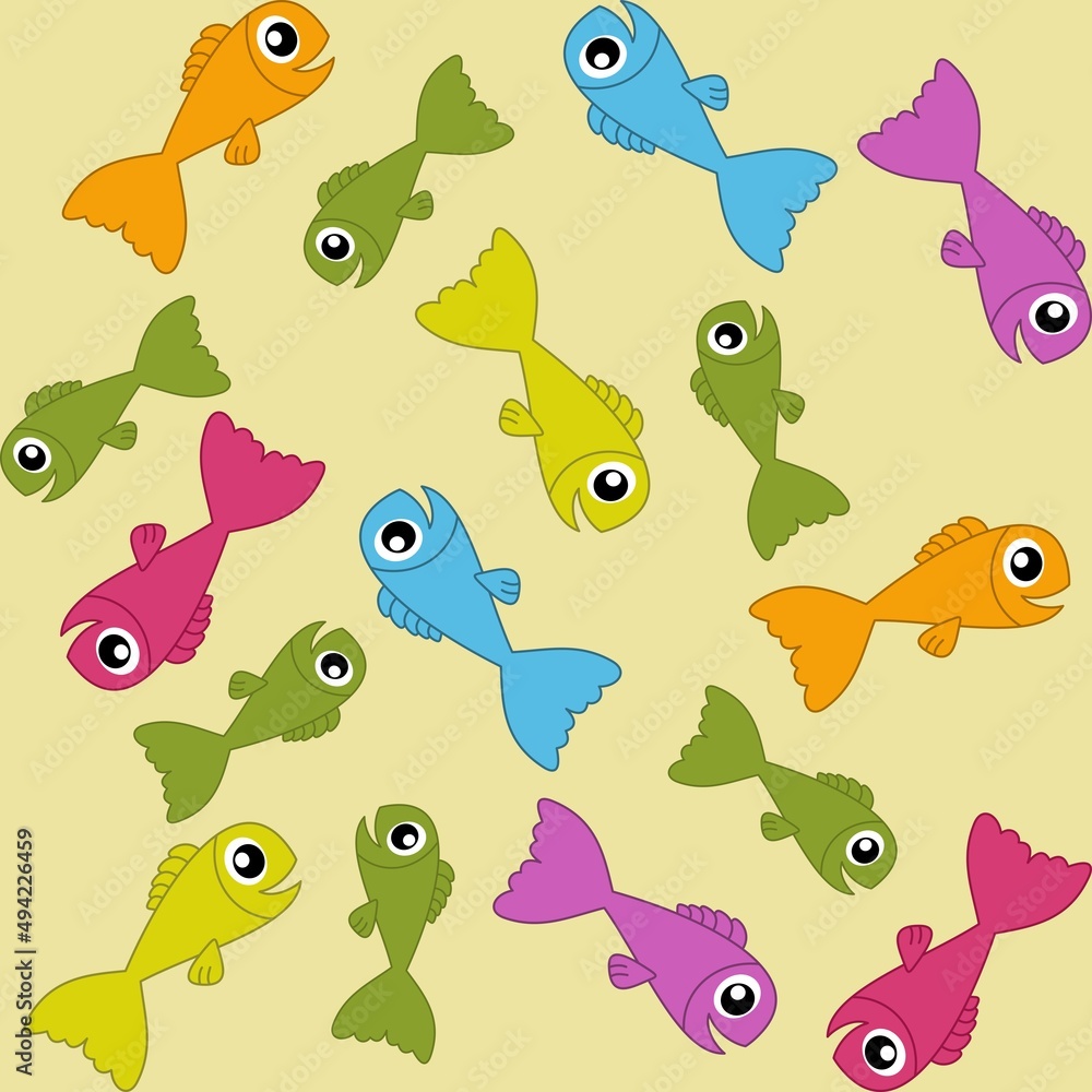 Naklejka premium Wrapping paper of cute fish swimming in their environment with coloured background