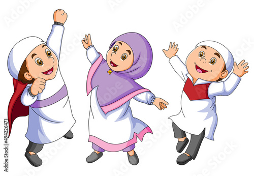The group of children is going the mosque in the eid al fitr day