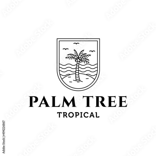 palm tree island wave bird line art minimalist logo vector illustration design, tropical logo design