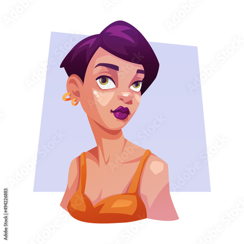 Portrait of a woman. Beautiful young girl with a short haircut. Avatar for a social network. Vector illustration. Cartoon.