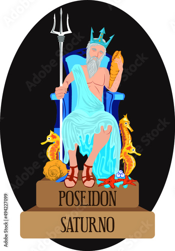 Vector illustration isolated of mythological God Greek and Roman, Poseidon, Saturn.